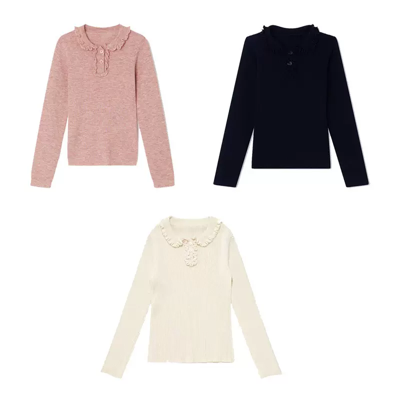 春秋季女童羊毛翻领打底衫木耳花边坑条针织衫薄款长袖套头衫新品