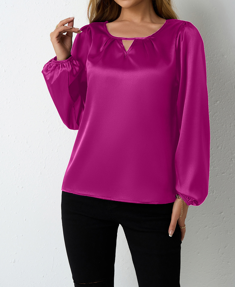 Satinbluse Damen Langarm Elegante Faltenbluse Oberteil_voghion.com