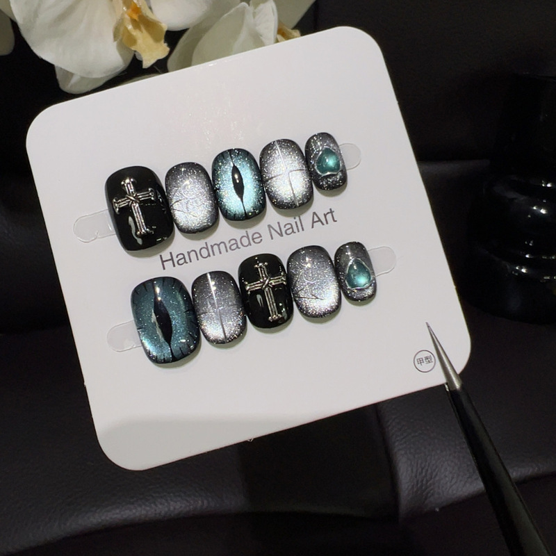 【Cross Magic Eyes】Silver Green Magic Eyes Cross Nail Art Chinese Metal Punk Nail Art Hot Girl Dark Style Nail Stickers