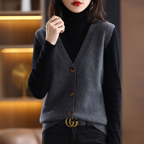  Spring and Autumn Layered Korean Style Slim Fit Simple Loose Solid Color Knit Cardigan Backless Top Women's Vest for Outerwear