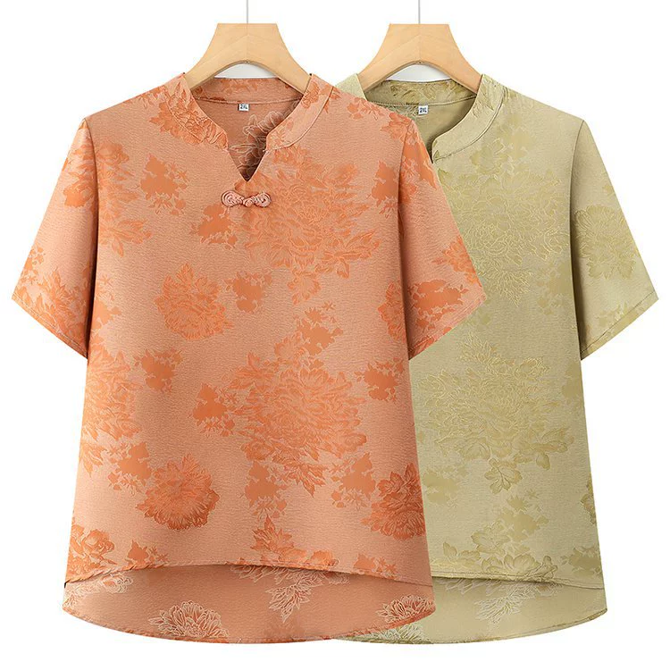 Летняя шифоновая рубашка в китайском стиле для мамы, новая футболка с короткими рукавами, новый летний топ для женщин среднего возраста в китайском стиле, топ для среднего и пожилого возраста.