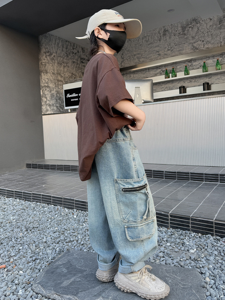 A502 Boys Denim Pocket Zipper Workwear Wide Leg Pants New Children's Miscellaneous European And American Jeans_voghion.com
