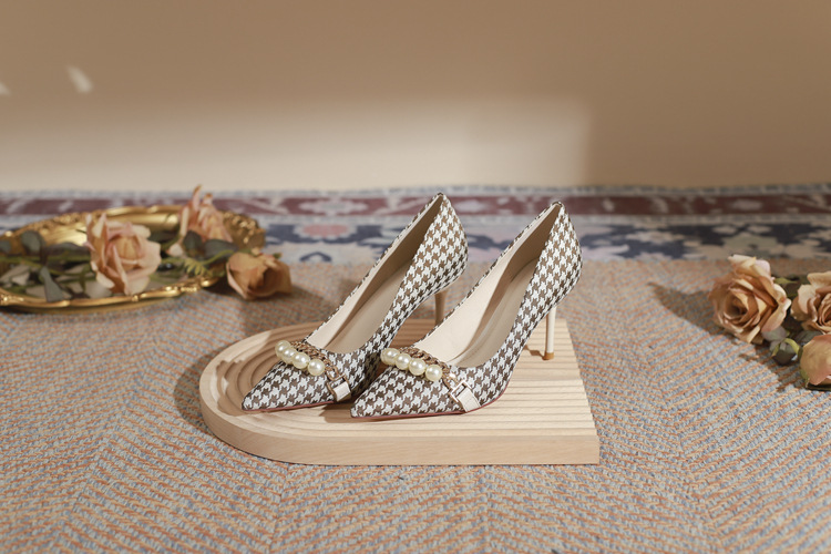 Xiao Xiangfeng High Heels Spring Pointed French Single Shoes Thousand Bird Plaid Temperament Celebrity Fine Heel Bridesmaid Shoes_voghion.com