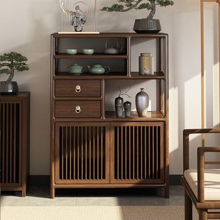 New Chinoiserie Bogu Rack Black Gold Duobao Pavilion Storage Rack Solid Wood Display Cabinet Low Cabinet Tea Room Side Cabinet Tea Tea Cabinet