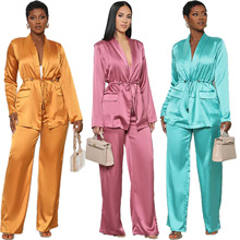 欧美女装亚马逊速卖通独立站秋冬爆款厂家直销色丁纯色睡浴袍套装