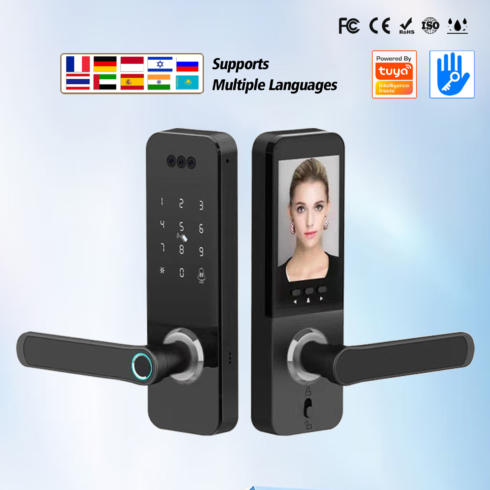 家用人脸识别锁猫眼抓拍密码电子锁涂鸦智能多国语音指纹锁锂电池