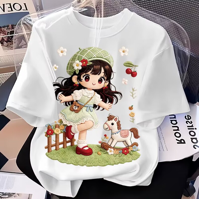 White Short-Sleeve T-Shirt for Women, Summer New Style, Cartoon Girl Rocking Horse Imitation Embroidery Print, Loose Round-Neck Top, Trendy
