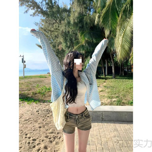 American Retro Blue Plaid Shirt Spring and Summer Shirt 2025 New Korean Style Sun Protection Casual Top Thin Jacket