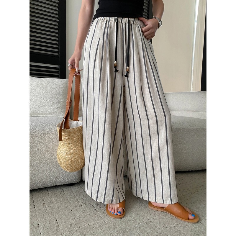 Sinan Lazy Vacation Style Tencel Linen Beaded Drawstring Elastic Waist Wide-Leg Striped Casual Pants Sn8729 Sinan Lazy Vacation Style Tencel Linen Beaded Drawstring Elastic Waist Wide-Leg Striped Casual Pants Sn8729
