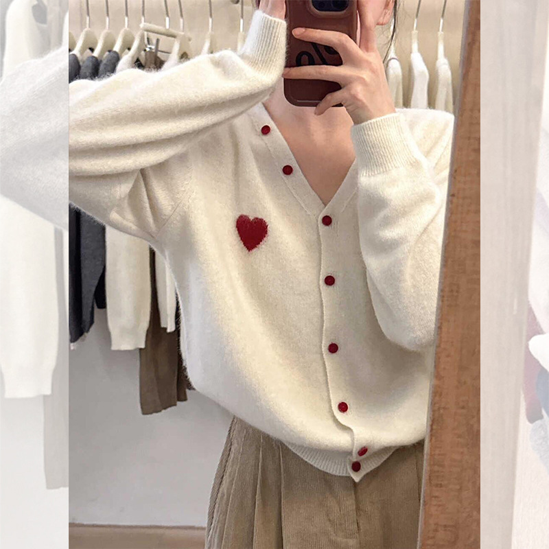 小个子灰色v领短款开衫毛衣外套女春秋季爱心刺绣针织衫长袖上衣|undefined