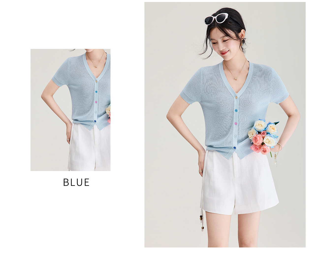 Áo cardigan nữ cổ V dệt kim sợi lanh siêu mịn, cúc màu, thoáng mát mùa hè — xanh lam chi tiết 15