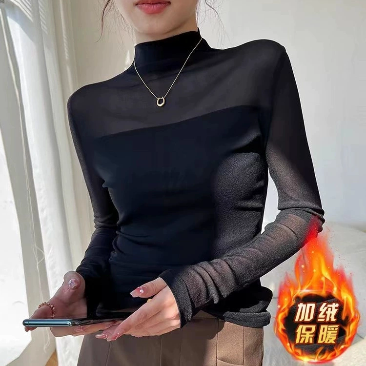 Плюшевый теплый зимний новый полувысокий воротник сетчатая пряжа темперамент нижняя рубашка с длинными рукавами