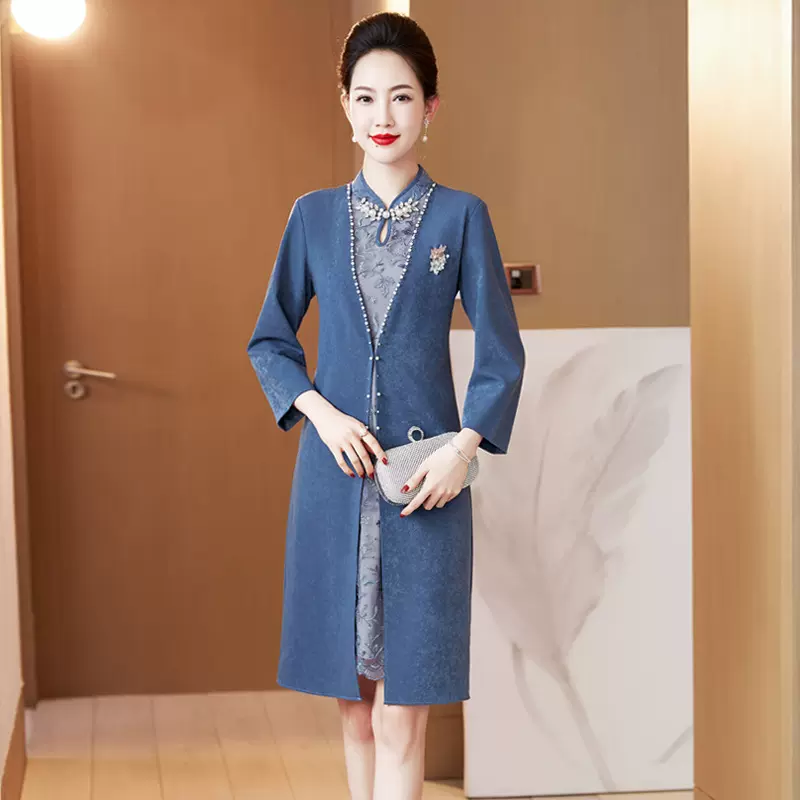 2022年春秋新款妈妈装连衣裙婚宴礼服重工钉珠假两件裙子平时可穿