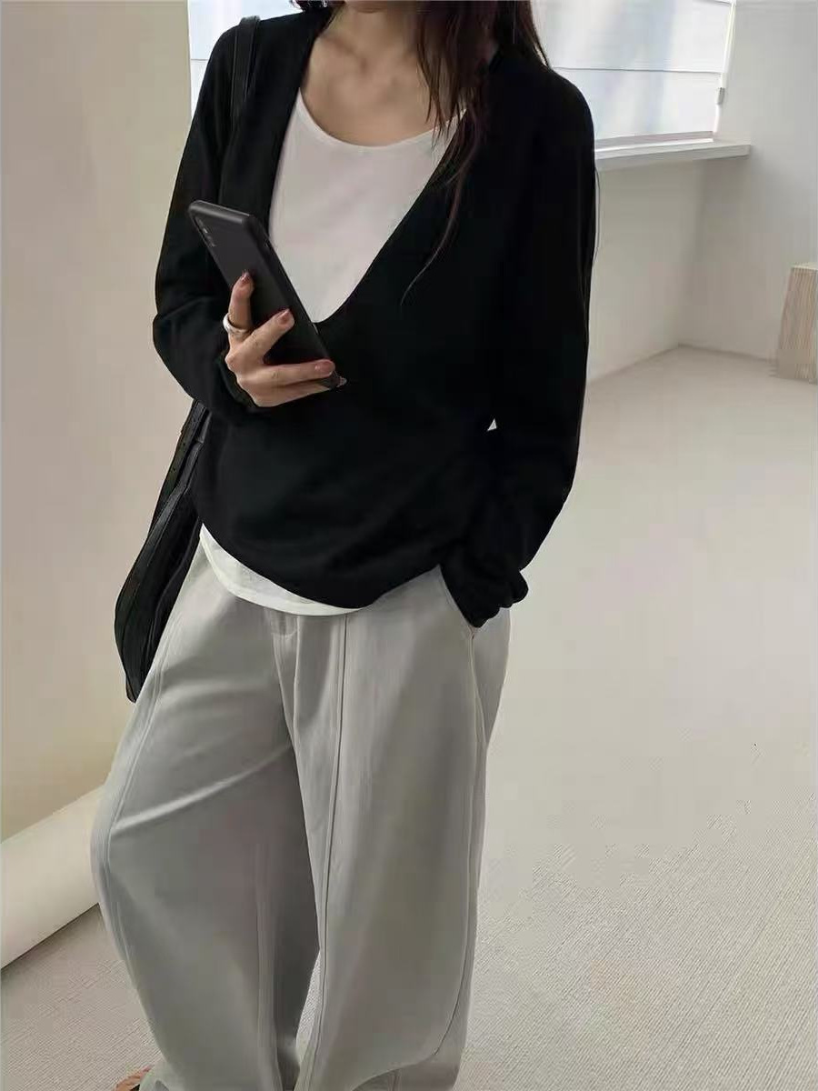 Minimal perezoso viento de color falso dos piezas de camisa de lana de punto para mujeres otoño y invierno nuevo gran cuello en U delgado temperamento chaqueta