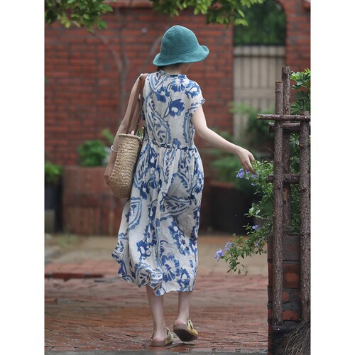 Blue dress for women 25 new summer style high-end exquisite and super good-looking slim cotton and linen skirt
