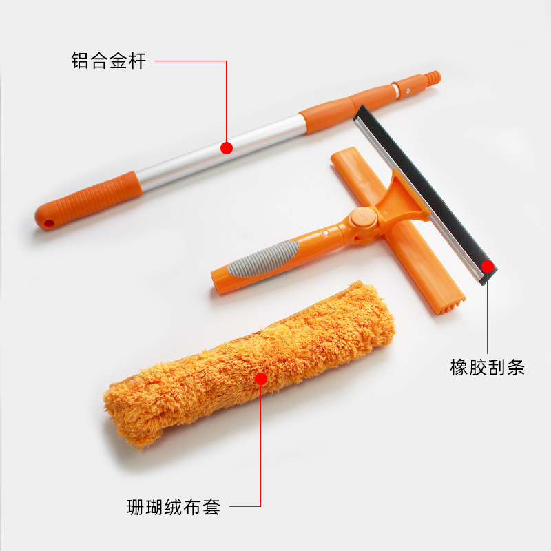 De gran altura del hogar de doble cara de vidrio limpiaparabrisas alargado giratorio varilla telescópica raspado limpiador de vidrio herramientas al por mayor