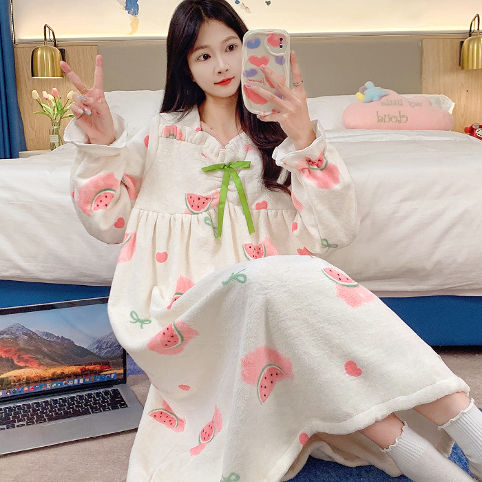 2024 pijamas de invierno gruesos de franela calentamiento vestido de pijama de arco de mujer vestido de pijama dulce lindo ropa para el hogar