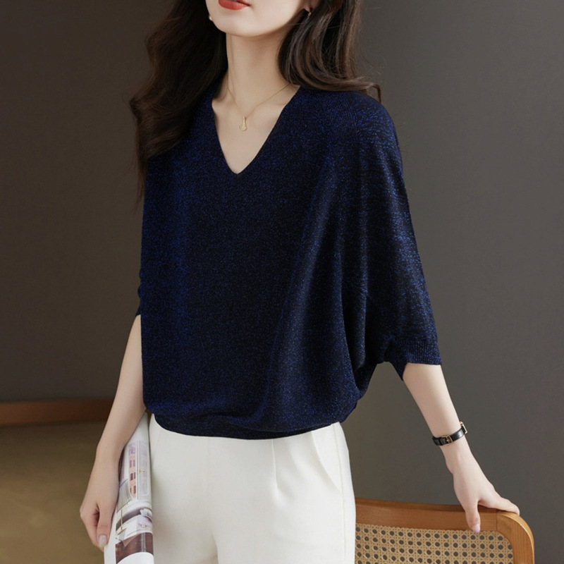 Heart-Shaped V-Neck Three-Quarter Batwing Sleeve Knit Sweater T-Shirt Top for Women, Ice Silk Thin Loose Plus-Size T-Shirt Cover-Up Summer Wear Heart-Shaped V-Neck Three-Quarter Batwing Sleeve Knit Sweater T-Shirt Top for Women, Ice Silk Thin Loose Plus-Size T-Shirt Cover-Up Summer Wear