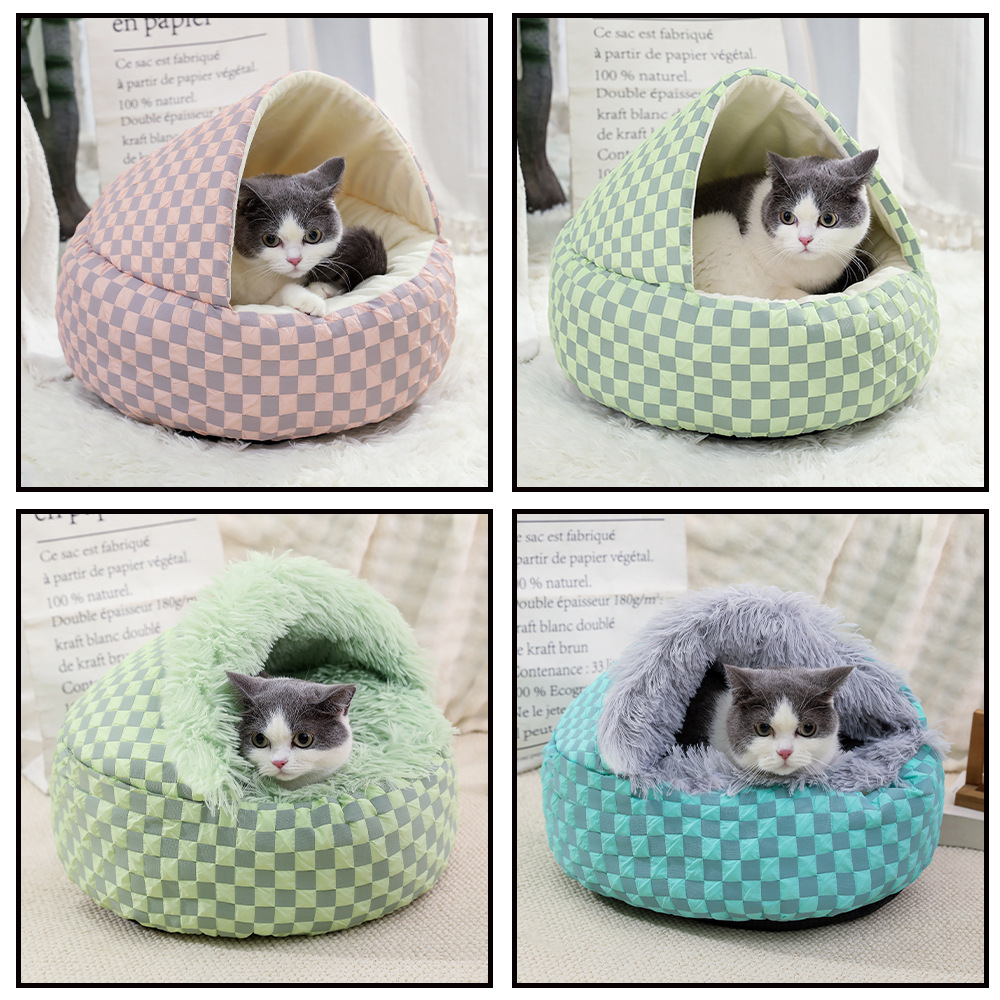 Cálido invierno nido para mascotas concha nido para gatos semicerrado nido de algodón de felpa engrosado caseta para perros semicerrada cama para perros
