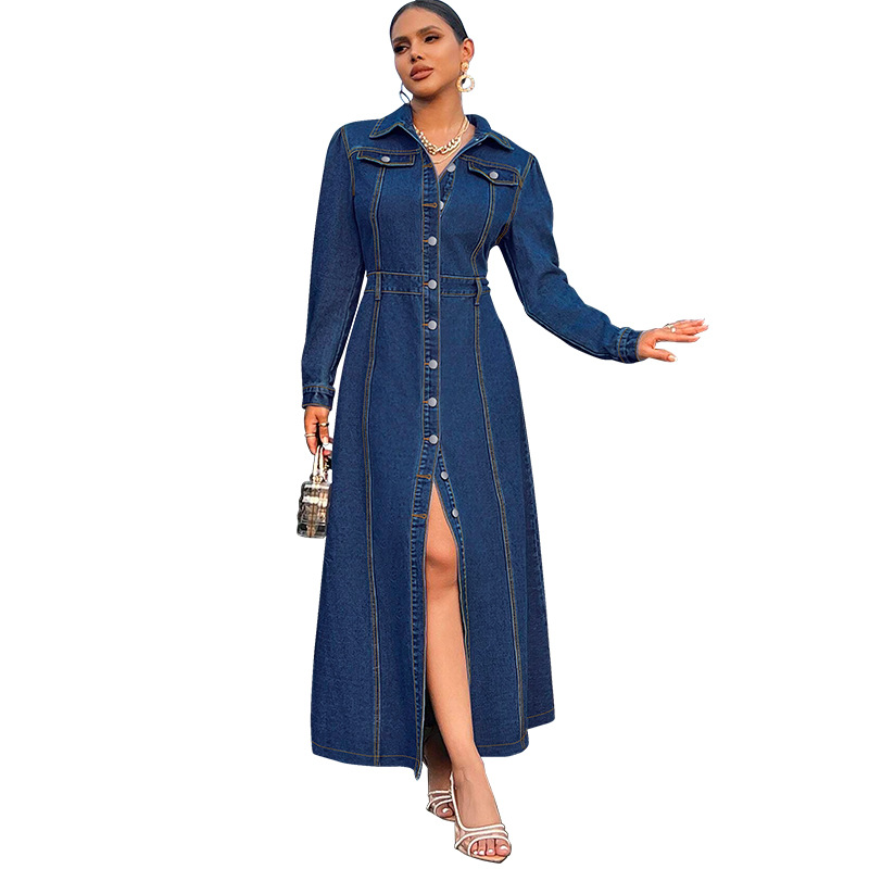 708g Weight Maxi Long Dress Dress Length Type Long Sleeve Sleeve Length Denim Dress Dresses Type Cotton (more than 30%), Denim Fabric Type High Waist Waist Line Holiday, Street Occasion Turndown Neckline Slim Fit Type Solid Color Pattern Spring, Autumn Season Women's Gender Streetwear Style Wholesale Women's Streetwear Solid Color Holiday Street Turndown Long Sleeve Denim Dress 16