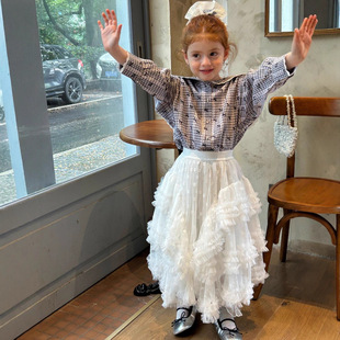 2025 New Autum Kidsren's Clothing Korean Style Girls' Layered Half-Length Skirt Sweet Kidsren's Lace Jacquard Skirt