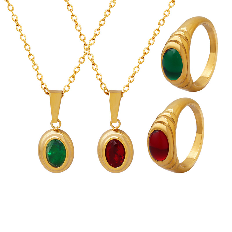 Fang Tang China-Chic Red And Green Crystal Stone Small Popular Retro Collar Necklace Female Titanium PVD Vacuum Zircon Ring_voghion.com