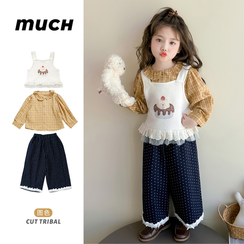 Girls' Spring and Autumn Outfit 2025 New Stylish Korean Fashion Three-Piece Set with Vest, Shirt, Polka Dot Pants, and Lace Back