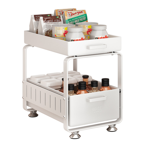Double-layer drawer-type storage rack under the kitchen sink, homemade dish storage multi-functional pull basket in the cabinet