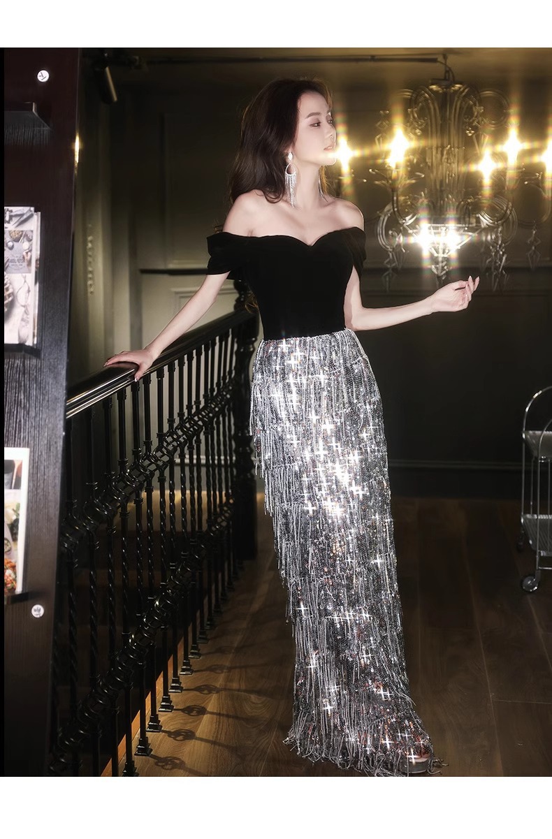 Đầm dạ hội nữ trễ vai đính sequin phong cách Pháp — Màu hình ảnh mẫu dài chi tiết 15