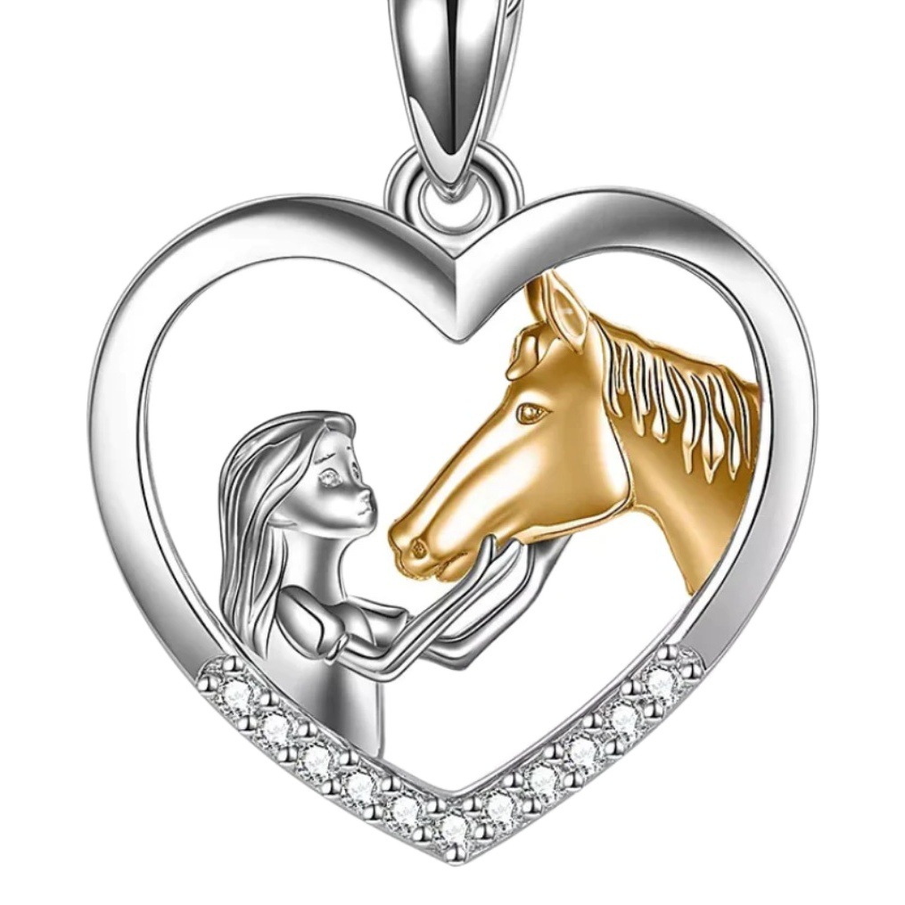 Celebridad en línea transfronteriza Amazon moda europea y americana collar en forma de corazón niña y caballo colgante de dos colores joyería de oro rosa