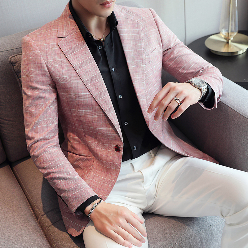 Spring Men's Plaid Suit Jacket Slim-fit MC Host Slim-fit Single-button Suit Jacket Single-Western