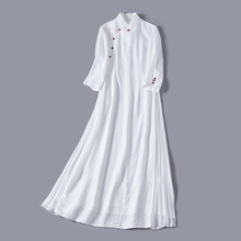 翰墨云汐24春夏款复古国风改良旗袍裙天丝麻绣花立领中长款连衣裙