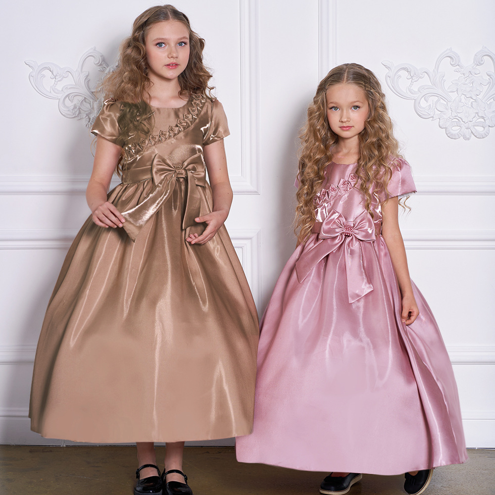 Vestido largo para niños manga corta niña vestido de princesa manga de soplo ropa para niños mediana y grande ropa para niños ropa de rendimiento para niños