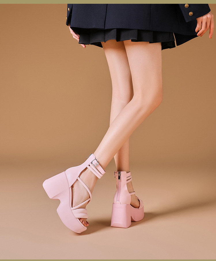 Sandal cao gót La Mã hở mũi đế platform dây kéo sau gót 10 cm — Màu đen, Màu hồng, Màu trắng be chi tiết 1
