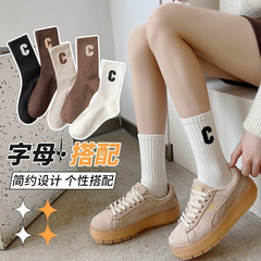 Letter C model Insta student white cotton socks sports trendy socks for spring and summer women's knee-high socks wholesale mid-calf socks
