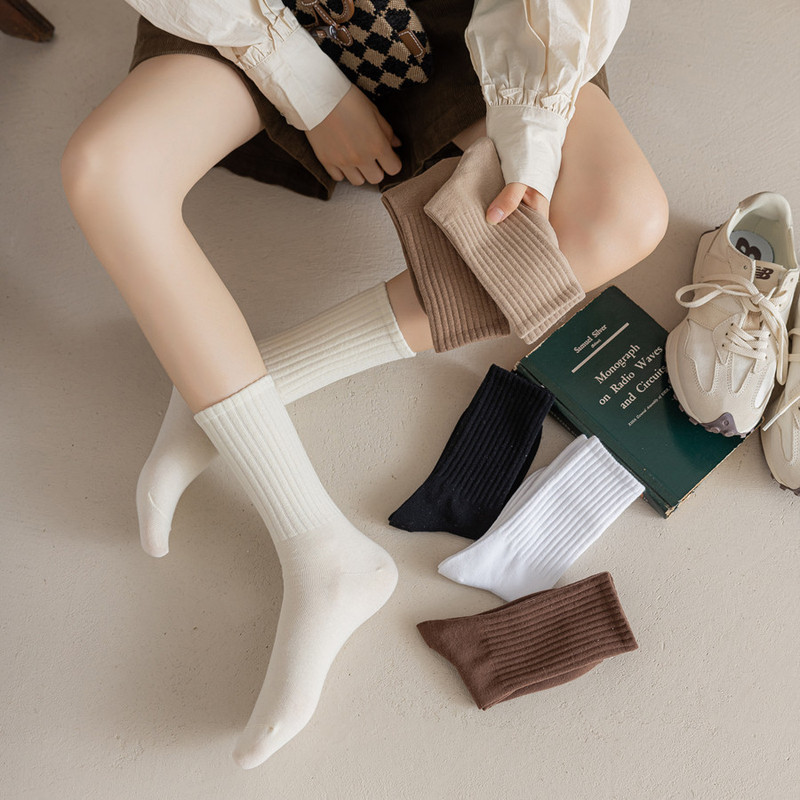 Socks women's spring and autumn socks women's Cotton solid color mid-calf socks sports high elastic vertical stripes outer wear pile socks