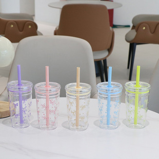 Summer new single-layer transparent plastic suction cup simple straight milk tea cup coffee cup bow printing wholesale