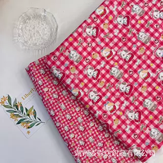40支全棉数码印  红色格子底可爱小狗    童装女装diy手工面料