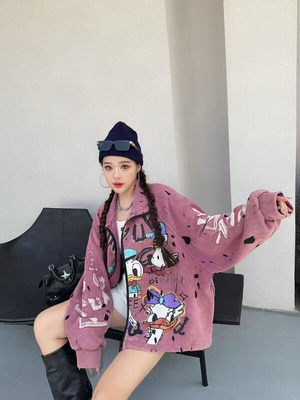 欧货2025秋季款宽松中长大版拼色贴布卡通图案棒球服夹克外套女|undefined