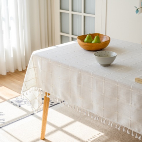 11호 밀키 화이트...자수 미디엄 체크무늬 화이트 태슬 식탁보