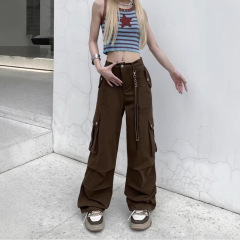アメリカのレトロなしわの多いポケットの服装のズボンの女性のファッションのブランドのデザイン感はゆったりしています。