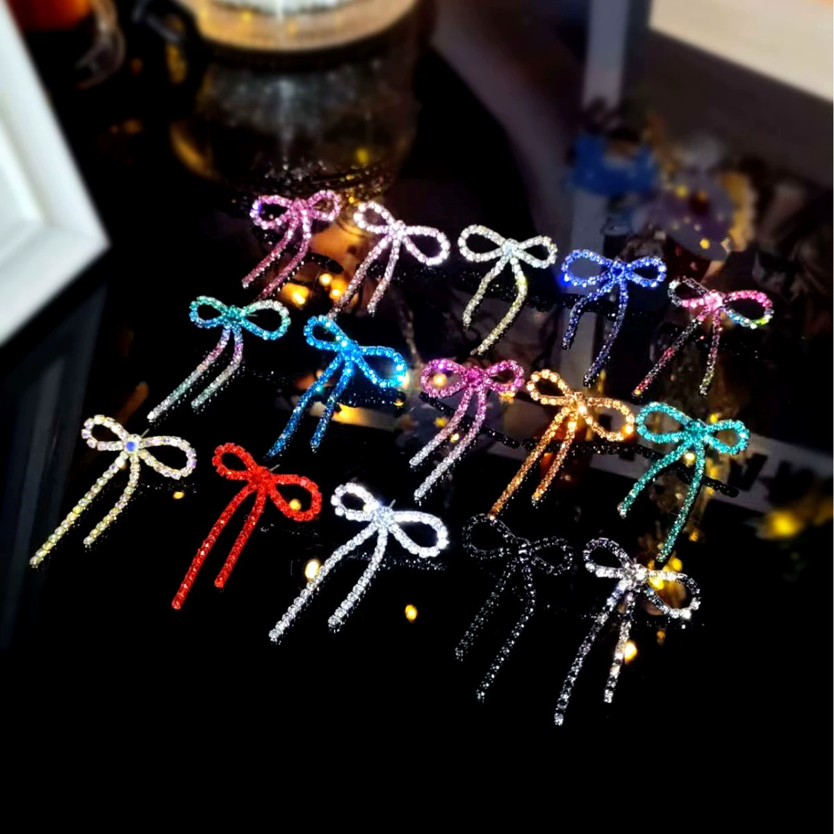 Серьги DINGKA бант с rhinestone, медь с серебряным покрытием, 4.4×2.7 см, 7.3 г