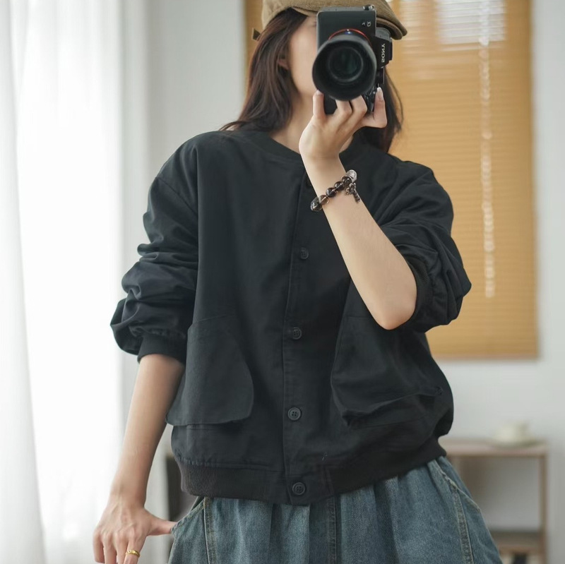 日系工装棒球领短外套女 2025秋新款韩版宽松休闲口袋夹克 8307|undefined