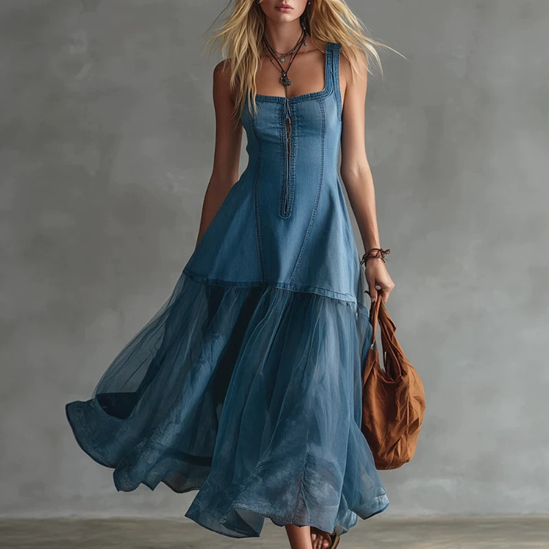 European and American Cross-Border Independent Website: Vintage and Elegant Blue Denim and Sheer Patchwork Long Dress European and American Cross-Border Independent Website: Vintage and Elegant Blue Denim and Sheer Patchwork Long Dress