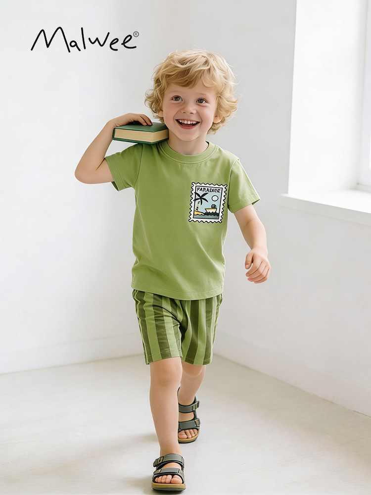 Malwee transfronterizo juego de niños verano nuevo estilo europeo y americano guapo juego de dos piezas de cuello redondo ropa de mangas cortas para niños