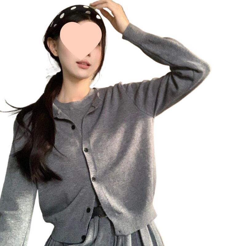 温柔气质韩系套装女秋冬季新款纽扣宽松开衫高腰针织背心裙两件套|undefined