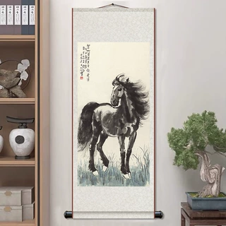 徐悲鸿骏马静时思图新中式丝绸卷轴挂画书法玄关卧室高清国画