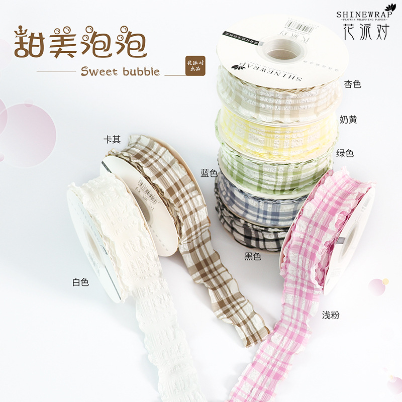 Cinta de embalaje floral plisada a cuadros para fiestas de flores, cinta de embalaje floral al por mayor de fábrica, lazo de encaje.