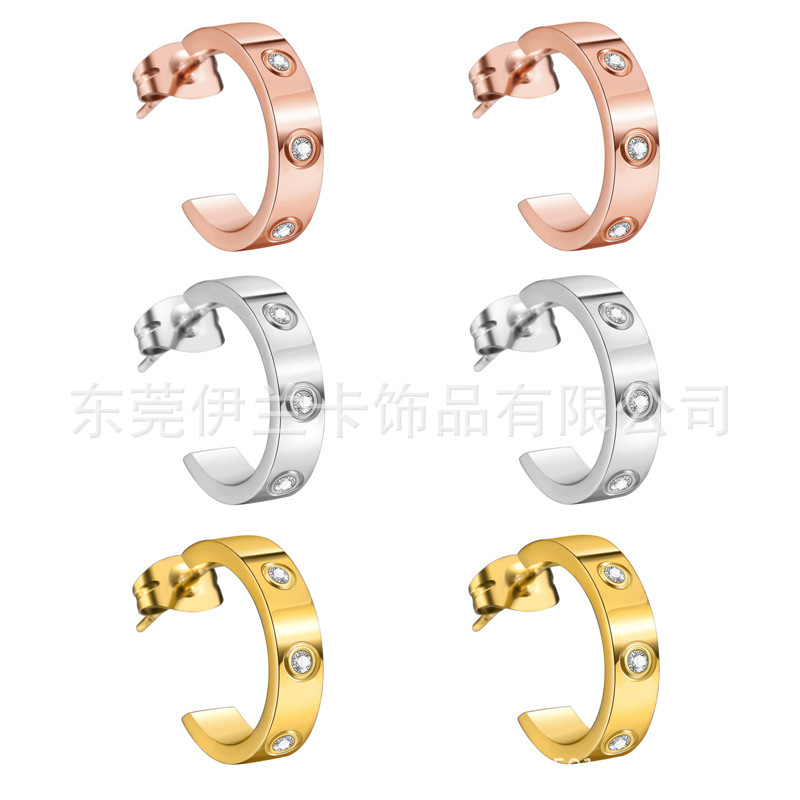 Cardijia C- shaped titanium steel earrings screw fashion earrings with Diamond in stock 18K color gold in stock open earrings