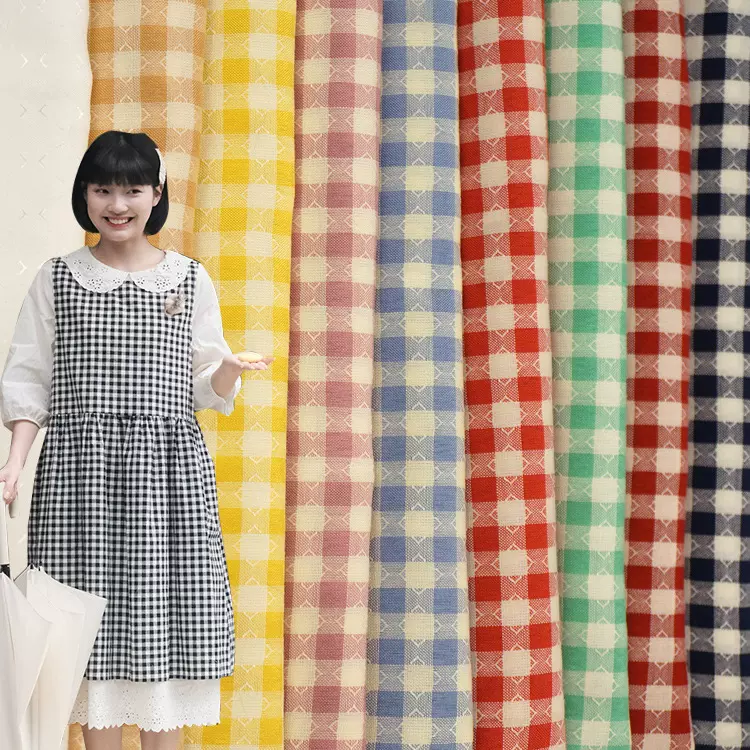 日韩连衣裙提花格纹面料春夏薄款衬衫色织格子布洛丽塔风童装布料